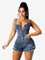 Deep V Neck Denim Romper For Women - Medium Blue Sexy Bodycon Frayed Hem Shorts Jumpsuit - Summer Music Festival Party 2026
