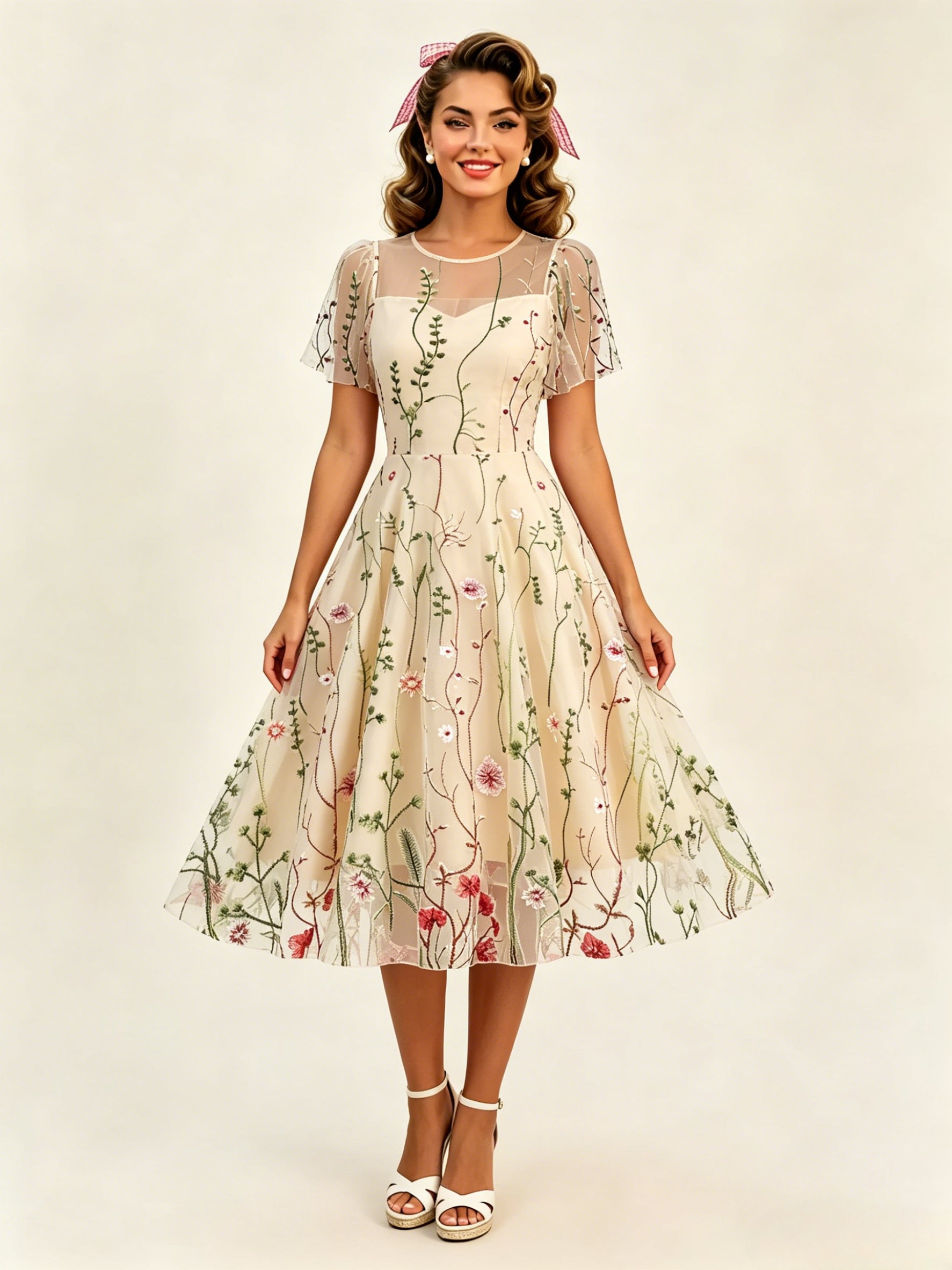 Vintage 1950s Floral Midi Dress For Women - Embroidery Mesh Short Flutter Sleeve A-Line Prom Dress - Summer Wedding Guest 2026
