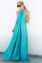Halter Neck Ring Detail Draped Satin Maxi Dress