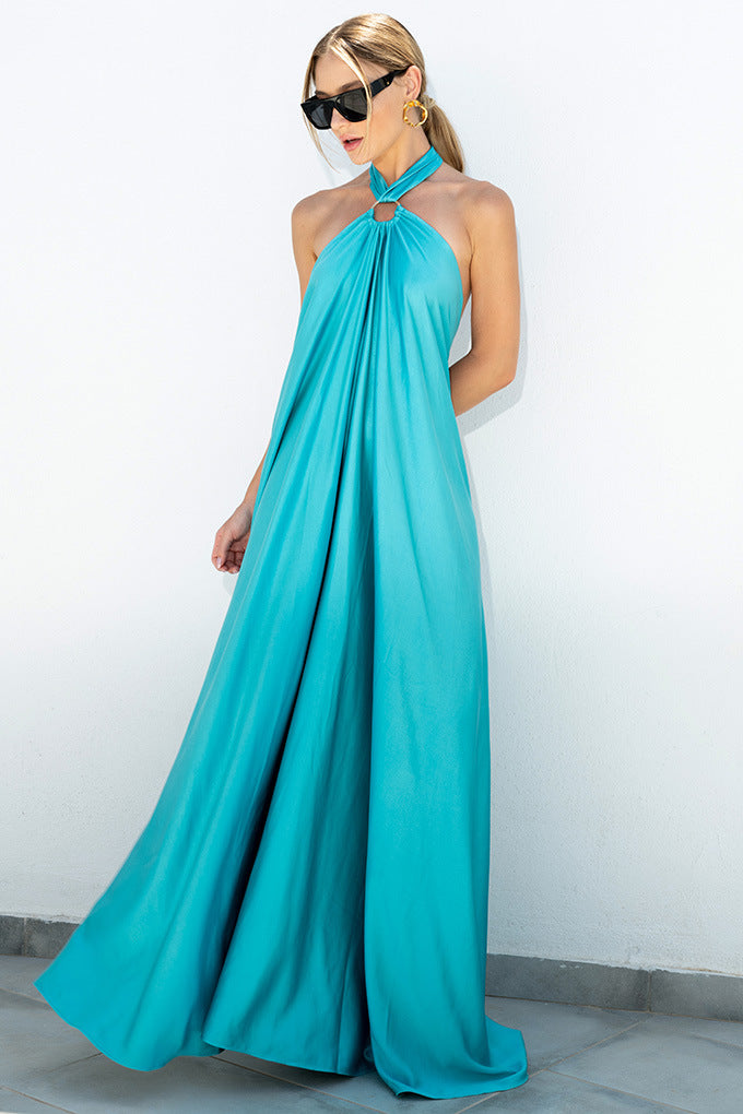 Halter Neck Ring Detail Draped Satin Maxi Dress