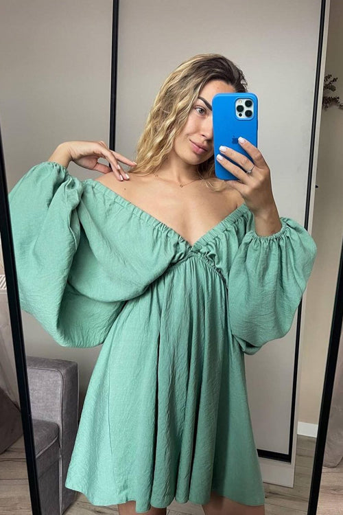 Crinkle Texture Deep V-Neck Puff Sleeve Babydoll Mini Dress