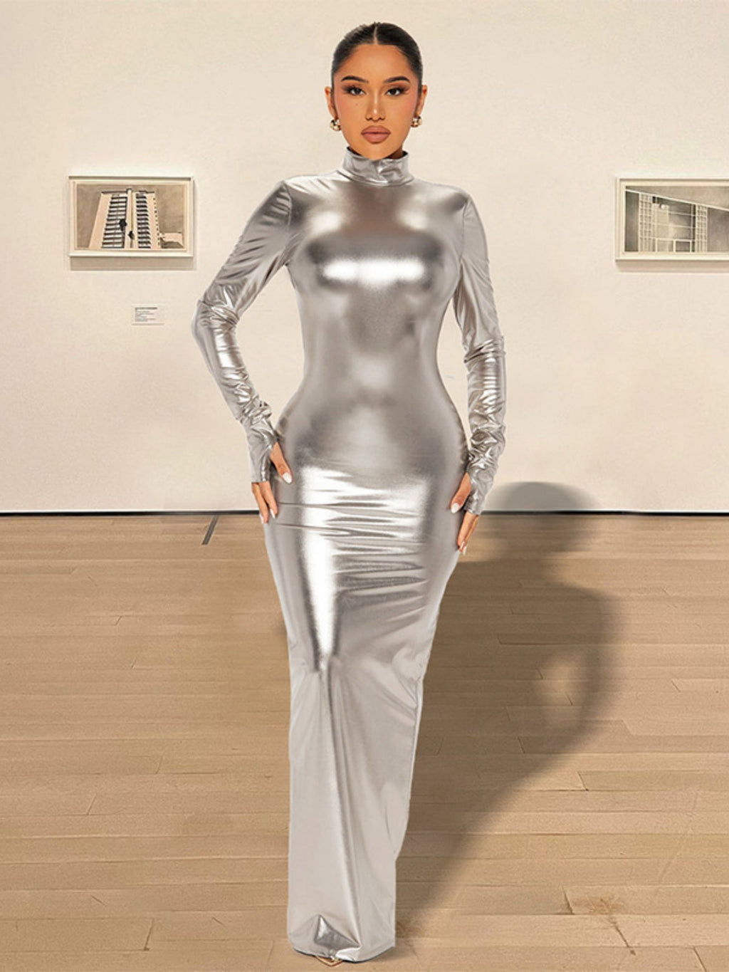 Metallic Gloss Exposed Backpack Buttocks Long Sleeves Maxi Dresses