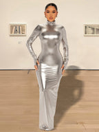 Metallic Gloss Exposed Backpack Buttocks Long Sleeves Maxi Dresses