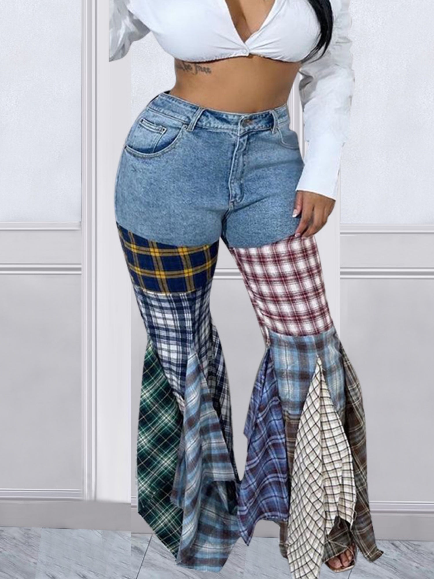 Houndstooth Pattern Flared Pants Ruffle Jeans