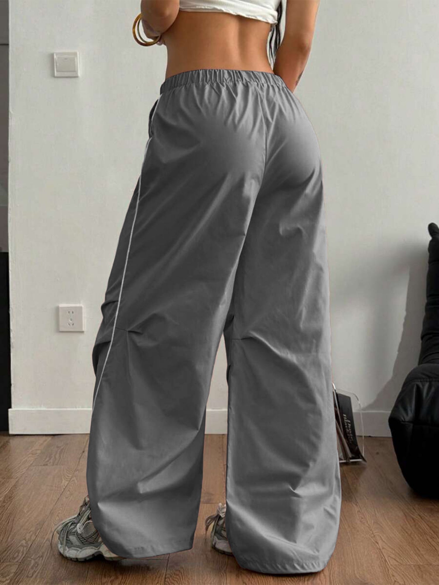 Striped Color Blocking Embroidery Elastic Waistband Drawstring Pocket Pants