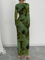 Printed Stretch Round Neck Long Sleeve Maxi Dresses