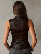 Buckle Design PU Leather Stand Collar Sleeveless Vests Tank Tops