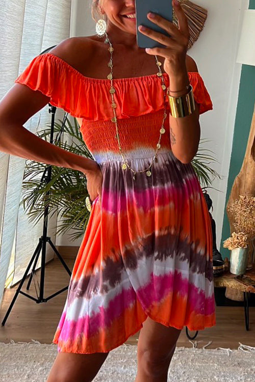 Ruffle Off Shoulder Waisted Tie Dye Mini Swing Dress