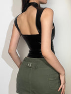 PU Leather Zipper Stand-up Collar Sleeveless Tank Tops