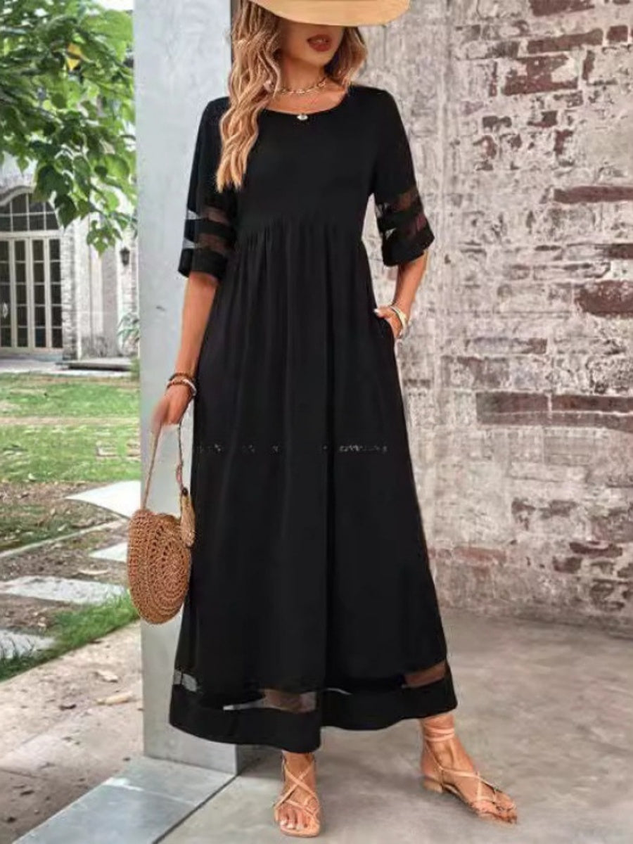 Half Sleeves Spliced Mesh Loose-fit Comfort Midi Dresses
