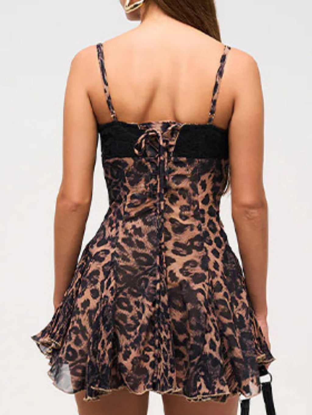Leopard Print Lace Patchwork High-waisted A-line Skirt Mini&Short Dresses