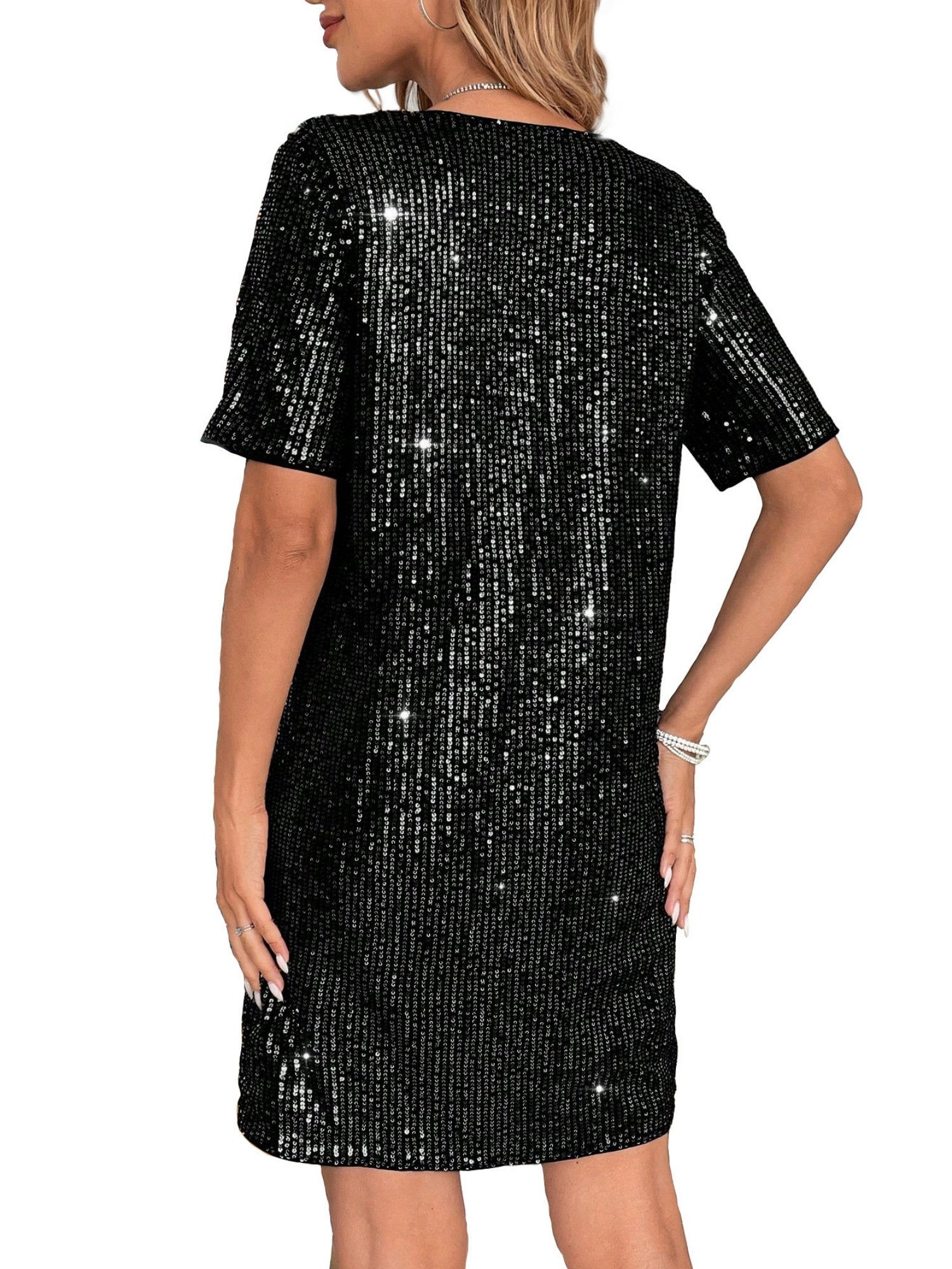Sequins Crew Neck Short Sleeve Mini&Short Dresses