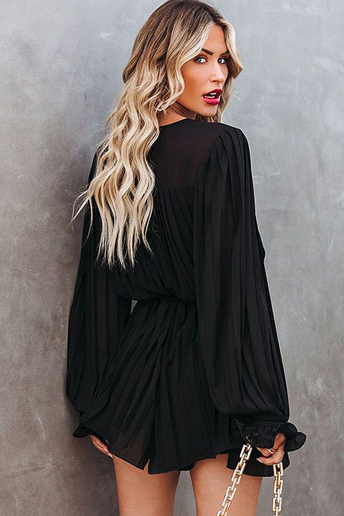 Pleated Deep V-Neck Button Front Tie Waist Lantern Sleeve Mini Dress