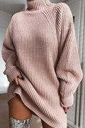 Ribbed Knit Mock Neck Balloon Sleeve Oversized Sweater Mini Dress