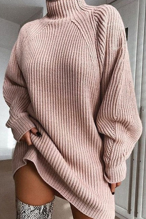 Ribbed Knit Mock Neck Balloon Sleeve Oversized Sweater Mini Dress