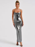 Metallic Gloss Spaghetti Strap Bodycon Maxi Dresses