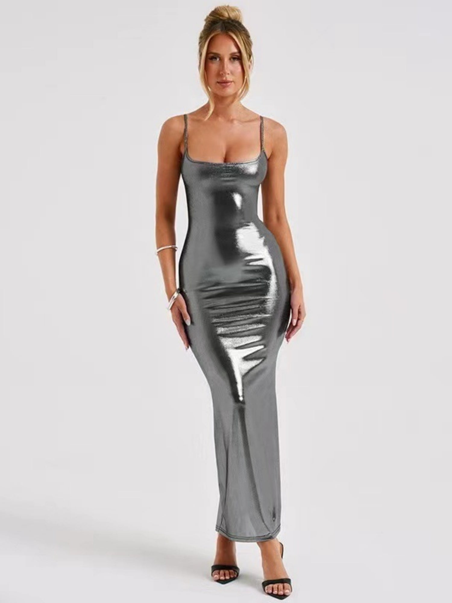 Metallic Gloss Spaghetti Strap Bodycon Maxi Dresses