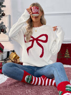 Bow Jacquard Loose Long-sleeved Round Neck Sweater