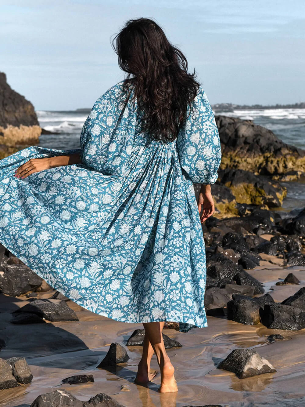 Floral Print Tie Neck Balloon Sleeve Gathered Waist Midi Dress