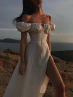 Square Collar Bandage Puff Sleeve Slit Midi Dresses