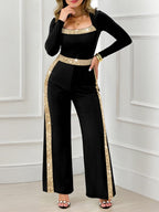 Sequined Black Square Neck Slim Waist Jumpsuit