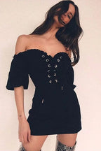 Off Shoulder Lace-Up Corset Puff Sleeve Mini Dress