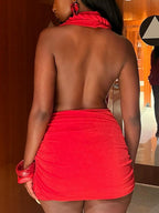 Pleated Deep V Halter Neck Exposed Backpack Buttocks Mini&Short Dresses