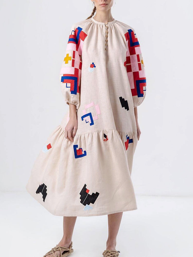 Abstract Geometric Embroidery Balloon Sleeve Tiered Midi Dress
