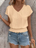 Jacquard Hollow Out Slab V-neck Short Sleeve T-shirts