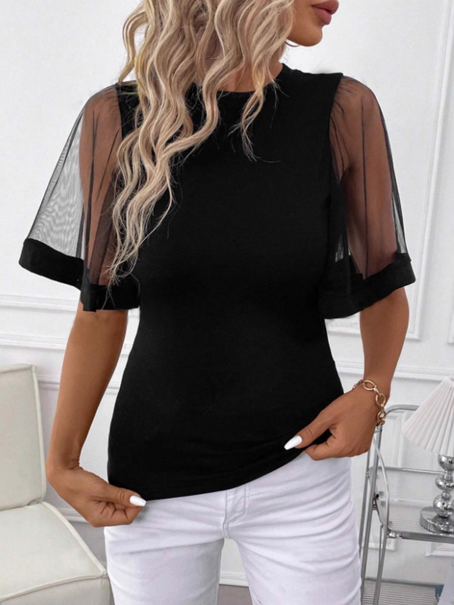 Crew Neck Mesh Bell Sleeves Splicing T-shirts