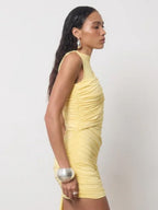 Pleated Ribbon Round Neck Sleeveless Mini&Short Dresses