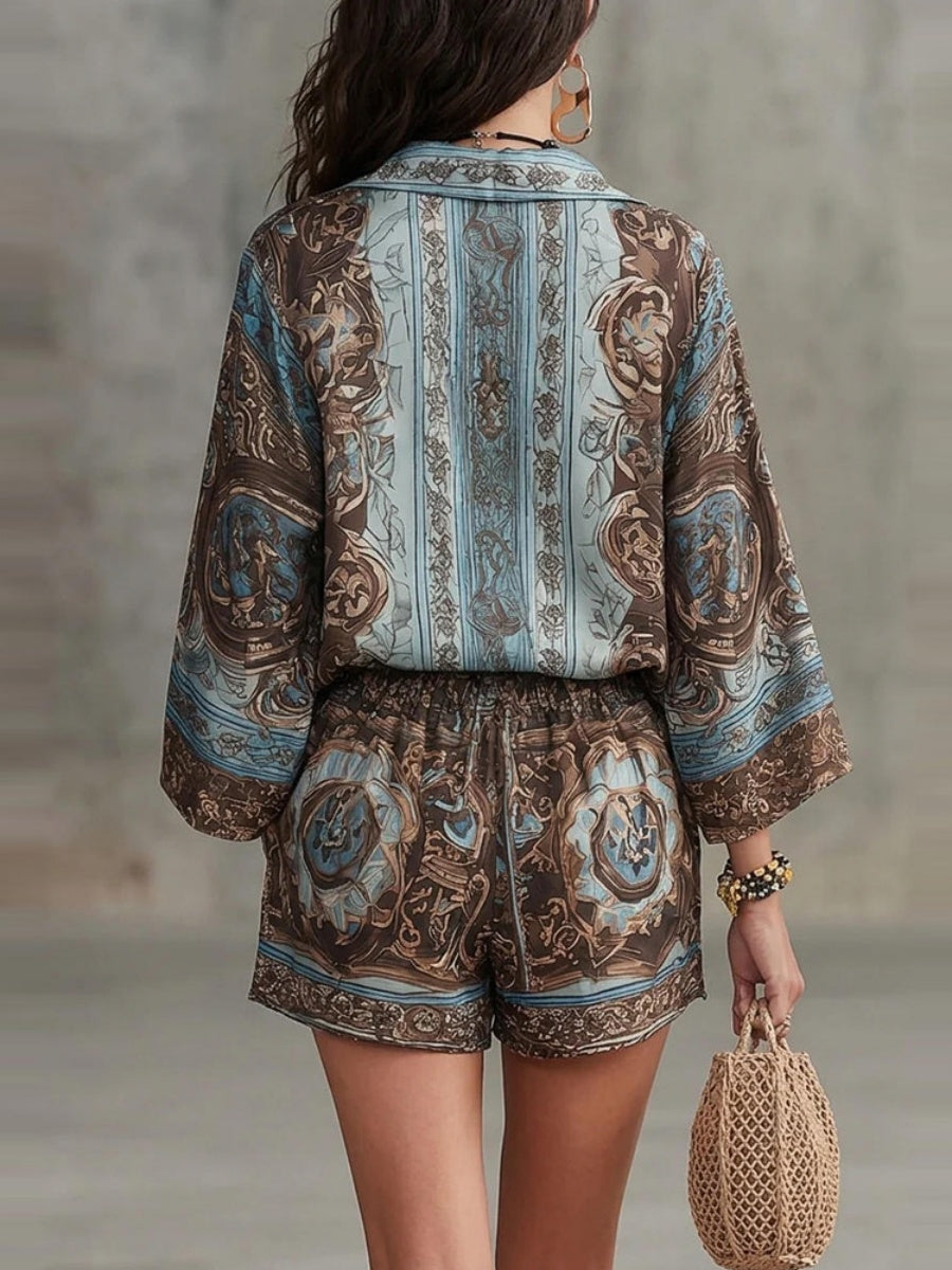 Printed Long Sleeve Shirts Loose-fit Shorts Set 2-piece Sets