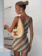 Striped Color Blocking Asymmetrical Neckline And Sleeveless Mini&Short Dresses