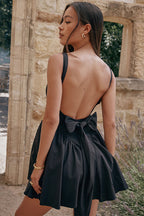 Square Neck Sleeveless Bow Back Pleated Volume Skater Mini Dress