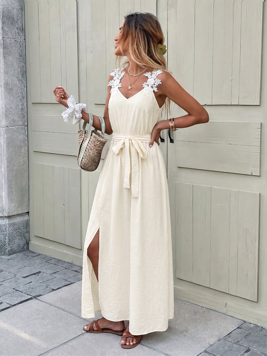 Embroidered Lace Patchwork Slit Bandage Maxi Dresses