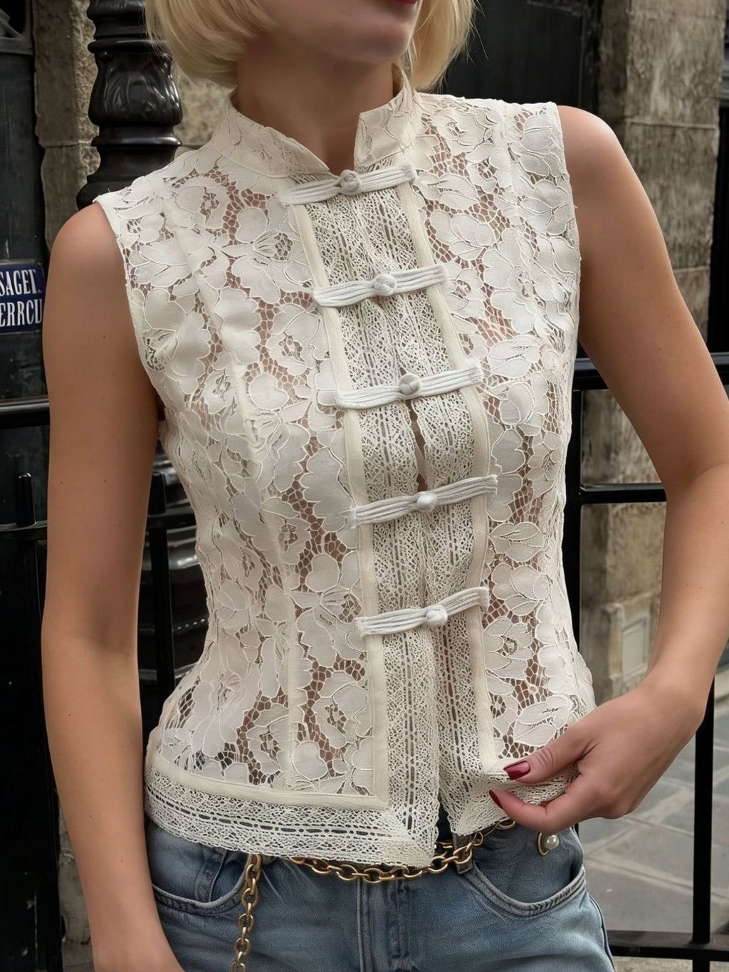 Lace Crochet Stand Collar Button Tank Tops