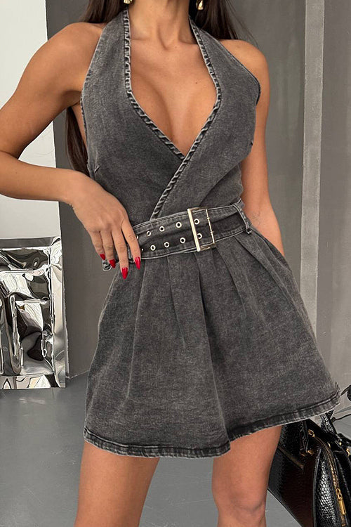 Halter Neck Deep V-Neck Wrap Front Belted Denim Mini Dress