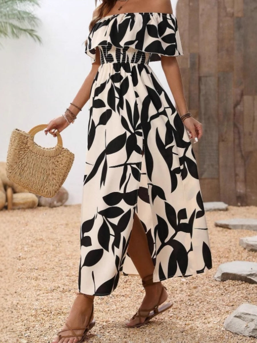 Ruffled Leaf Print Off-Shoulder Long Dress