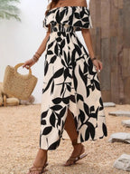 Ruffled Leaf Print Off-Shoulder Long Dress