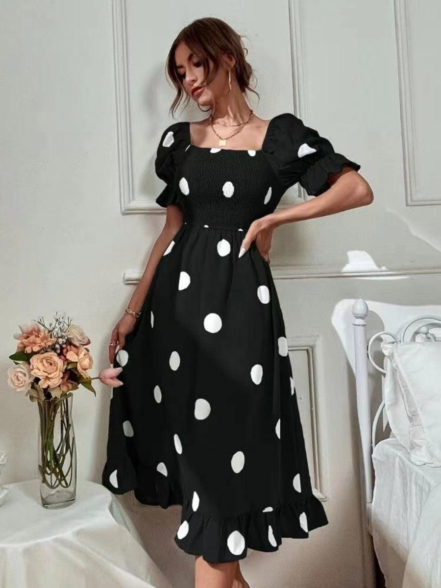 Square Collar Polka Dots Short Sleeve Ruffle Vacation And Leisure Maxi Dresses