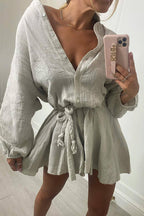Crinkled Gauze Button Front Tie Waist Long Sleeve Mini Shirt Dress
