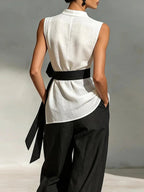 Two-piece Set: Tie-waist Sleeveless Tencel Linen Top And Wide-leg Pants