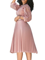 Lace Cutout Lace Patchwork With Belt Long Sleeves Midi Dresses