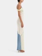 Asymmetric Collar Contrast Panel Thigh Slit Sleeveless Maxi Dress