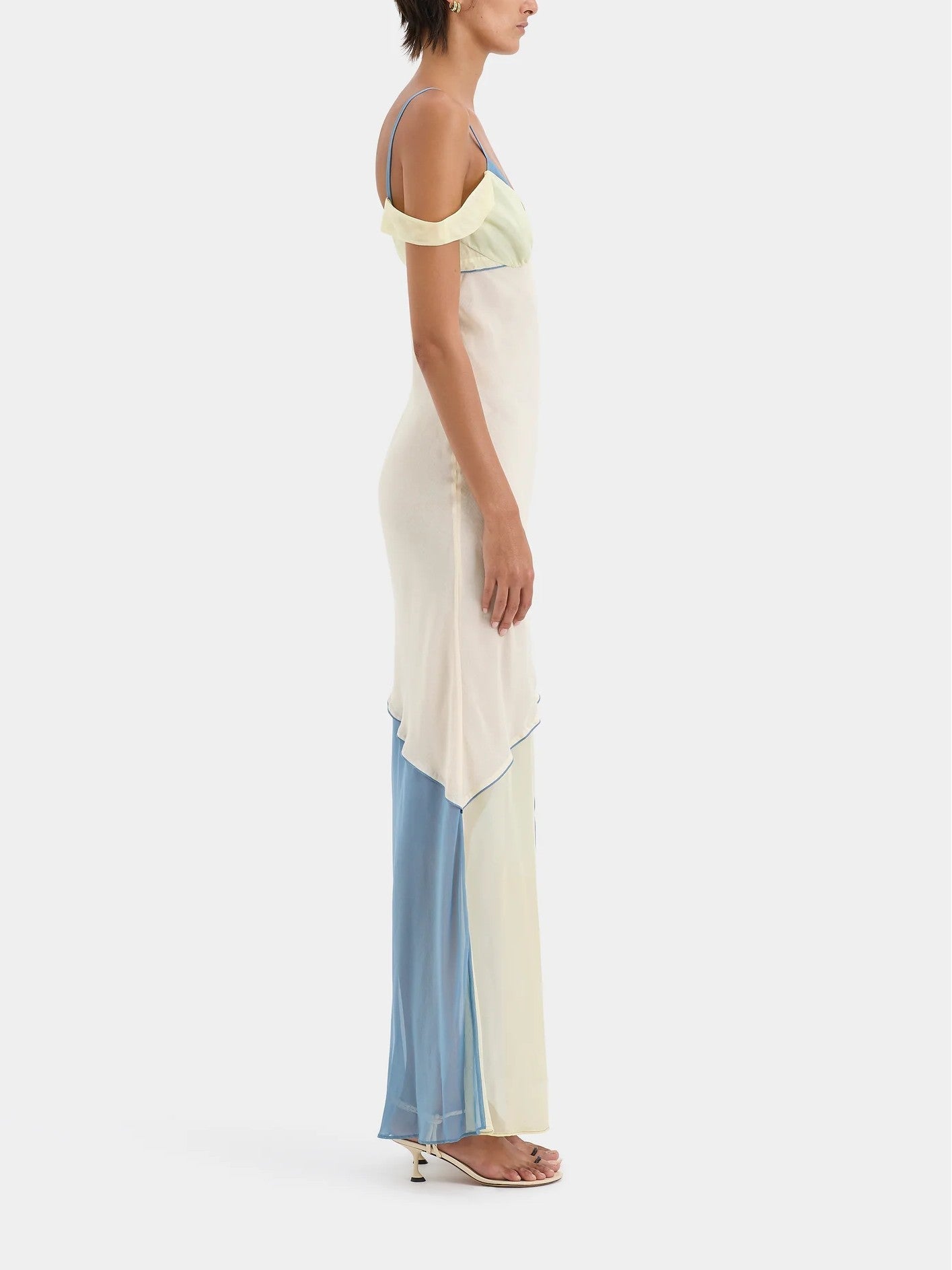Asymmetric Collar Contrast Panel Thigh Slit Sleeveless Maxi Dress