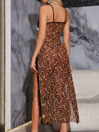 Leopard Print Lace Patchwork V-neck, Slit, And Backless Maxi Dresses