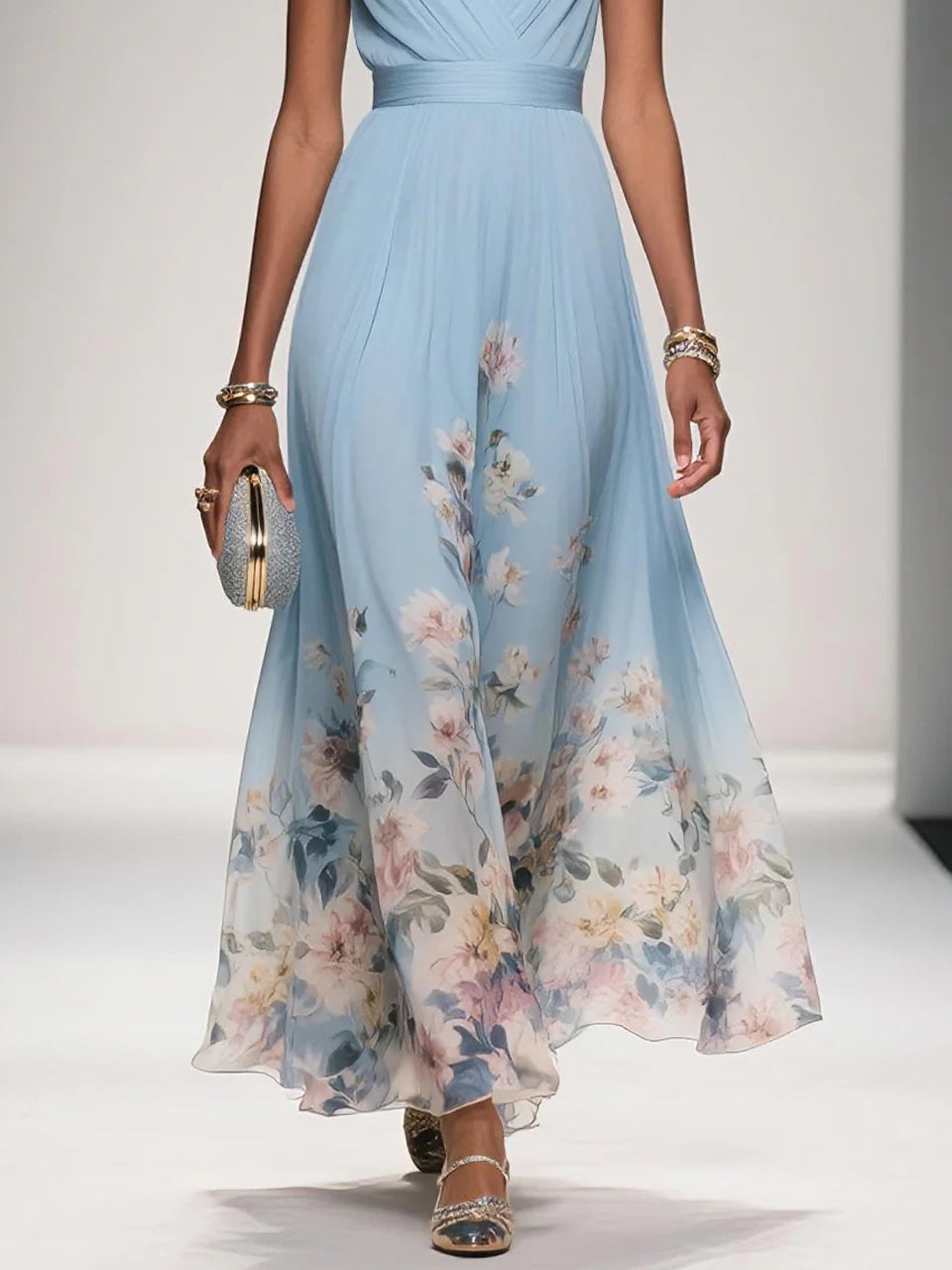 V-neck Sleeveless Floral Print Long Dress