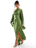 Satin One Shoulder Draped Cape Sleeve High Split Maxi Dress