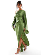 Satin One Shoulder Draped Cape Sleeve High Split Maxi Dress