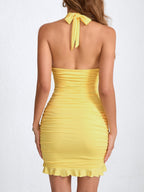 Halter Neck Pleated Bodycon Short Dress With Ruffles